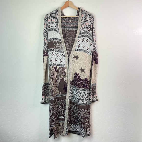 Free People Americana Bandana Hooded Long Duster Cardigan Sweater Size Medium - Picture 2 of 15